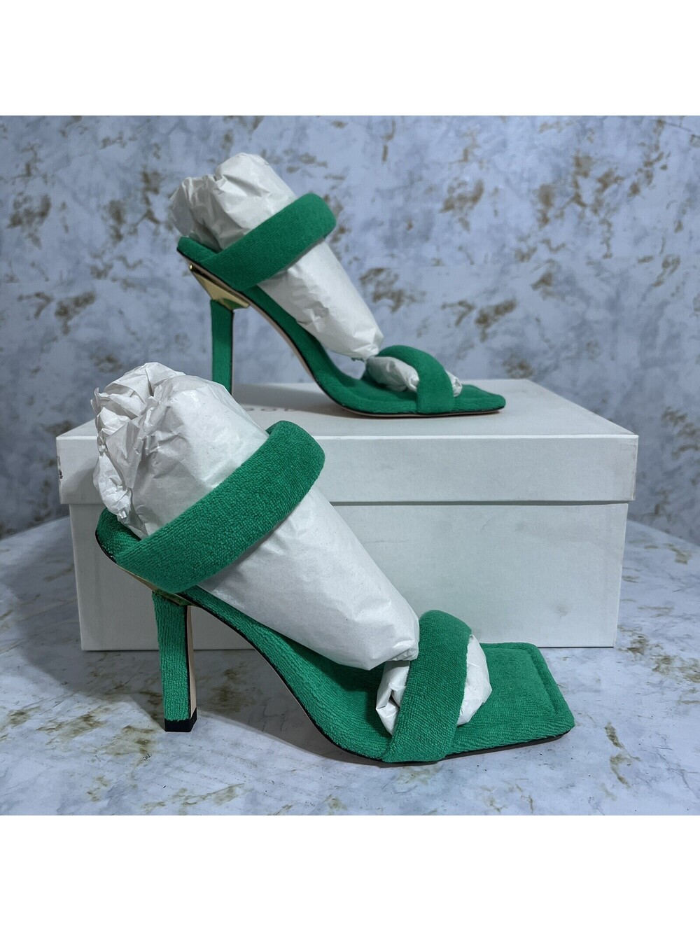 Good American Womens Sz 5.5M Shoes Green Terry Cloth Strappy Open Toe Event Heel